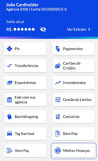 Print da tela do app mostrando os botes Minhas finanas e Open finance.